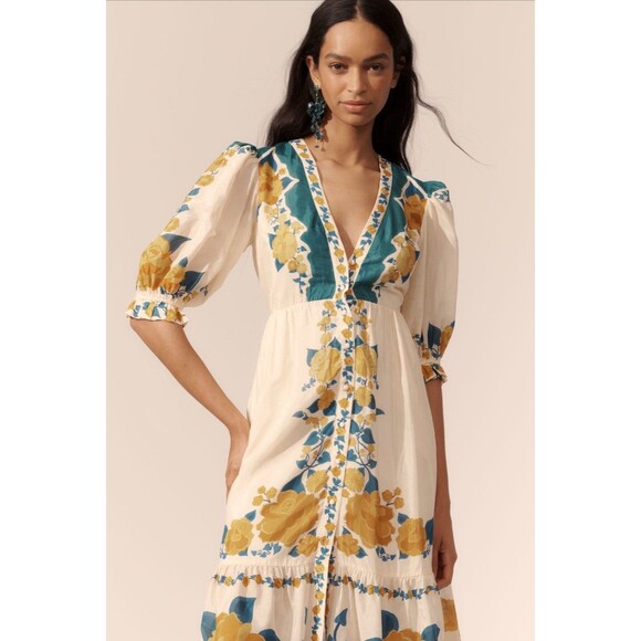 Anthropologie Dresses & Skirts - Farm Rio Anthropologie Midi Dress Ivory Puff Sleeve Preppy Retro Boho Small NWT